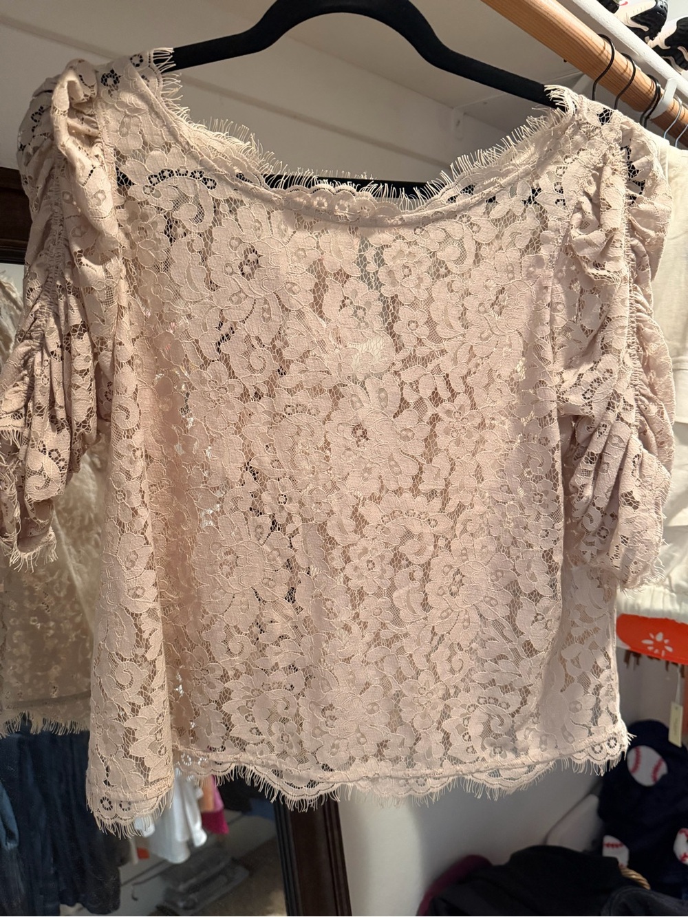 Joie Blush Lace Puff-Sleevey Blouse